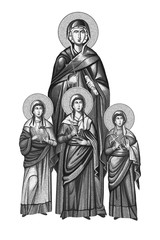 The faith, the hope, the love and their mother Sophia. Vera, Nadia, Luba and Sophia. Illustration in Byzantine style.