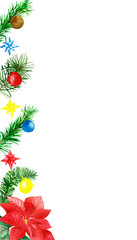 Watercolor hand painted new year holiday composition with green christmas tree fir branches, red flower poinsettia, red, yellow and blue ball toys and stars on the white background for invite and card