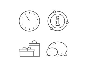 Gift box with bag line icon. Chat bubble, info sign elements. Present or Sale sign. Birthday Shopping symbol. Package in Gift Wrap. Linear gifts outline icon. Information bubble. Vector