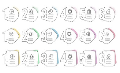 Fototapeta premium Bio shopping, Beans and Peanut line icons set. Infographic timeline. Wind energy, Christmas tree and Organic tested signs. Leaf, Vegetarian seed, Vegetarian nut. Breeze power. Nature set. Vector
