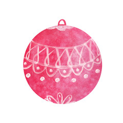 Single watercolor red Christmas ball on isolated white background. Hand drawn colorful and bright illustration of xmas tree toy with ornament.