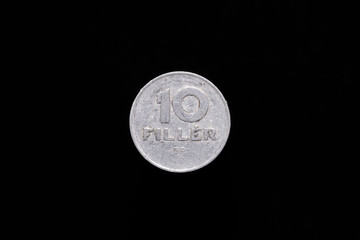 Old Hungarian People's Republic 10 Filler coin from 1969, reverse. Isolated on black background