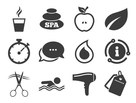 Swimming pool sign. Discount offer tag, chat, info icon. Spa, hairdressing icons. Water drop, scissors and hairdryer symbols. Classic style signs set. Vector - Powered by Adobe