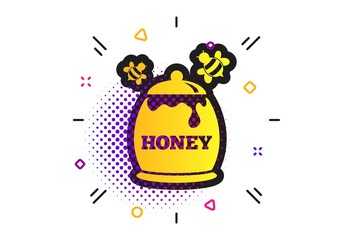 Honey in pot with flying bees sign icon. Halftone dots pattern. Sweet natural food symbol. Classic flat honey icon. Vector