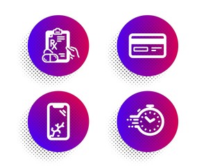 Prescription drugs, Credit card and Smartphone broken icons simple set. Halftone dots button. Timer sign. Pills, Card payment, Phone crash. Deadline management. Business set. Vector