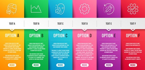 Augmented reality, Recovery tool and Recovery gear line icons set. Infographic timeline. Line chart, Face accepted and Service signs. Virtual reality, Backup info, Financial graph. Vector