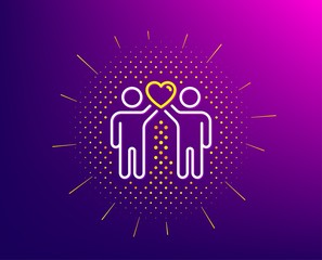 Friends couple line icon. Halftone pattern. Friendship sign. Assistance business symbol. Gradient background. Friends couple line icon. Yellow halftone pattern. Vector