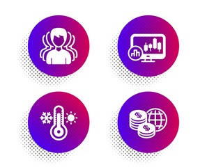 Thermometer, Group and Candlestick chart icons simple set. Halftone dots button. World money sign. Thermostat, Headhunting service, Report analysis. Global markets. Business set. Vector