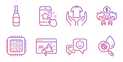 Smile, Hold t-shirt and Star rating line icons set. Beer bottle, Sharing economy and Seo marketing signs. Cpu processor, Water analysis symbols. Socila media, Laundry shirt. Business set. Vector