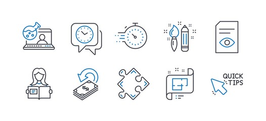 Set of Education icons, such as View document, Cashback, Creativity, Woman read, Timer, Strategy, Online chemistry, Clock, Architectural plan, Quick tips line icons. Line view document icon. Vector