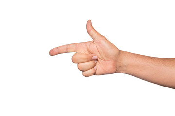 Person showing shoot gesture. One finger pointed into something isolated on white.
