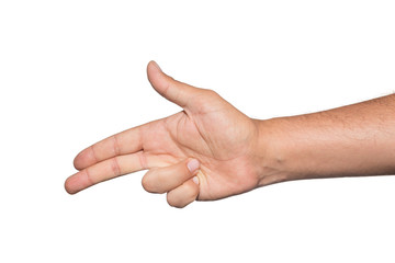 Caucasian man hand showing shoot or bang gesture. Two fingers pointing into something and one finger up.