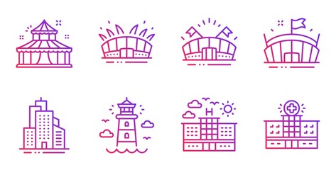 Hotel, Circus and Sports arena line icons set. Arena stadium, Lighthouse and Skyscraper buildings signs. Hospital building symbol. Travel, Attraction park. Buildings set. Gradient hotel icon. Vector