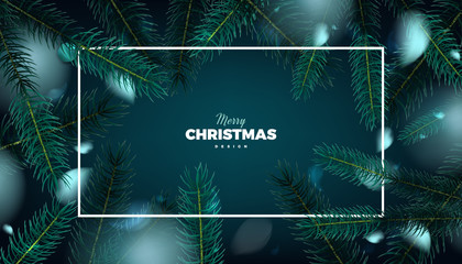 Merry Christmas banner, abstract festive background with fir tree forest vector promo poster design template