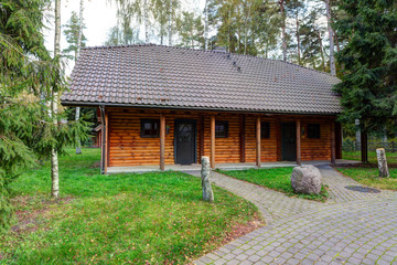 Fototapeta na wymiar Traditional wooden house in the pine forest. Autumn in Europe.