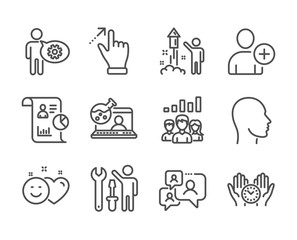 Set of People icons, such as Add user, Touchscreen gesture, Safe time, Online chemistry, Report, Fireworks, Head, Support chat, Cogwheel, Repairman, Smile, Teamwork results line icons. Vector