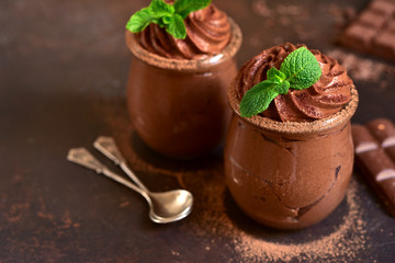 Homemade delicious chocolate mousse with mint.