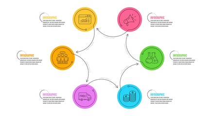 Megaphone, Web traffic and Employees group signs. Infographic timeline. Currency, Chemistry lab and Free delivery line icons set. Euro and usd, Laboratory, Shopping truck. Brand advertisement. Vector