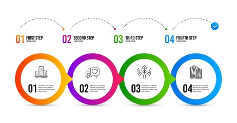 Heart, Fair trade and Buildings line icons set. Timeline infographic. Skyscraper buildings sign. Star rating, Safe nature, City architecture. Town architecture. Heart icon. Timeline diagram. Vector
