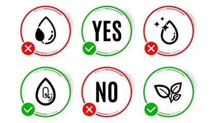 Water drop, No alcohol and Leaf dew icons simple set. Yes no check box. Leaves sign. Crystal aqua, Mineral oil, Water drop. Grow plant. Nature set. Water drop icon. Check mark. Vector