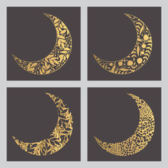 Hand Drawn Collection of Golden Floral Moon Shapes with Place for Text