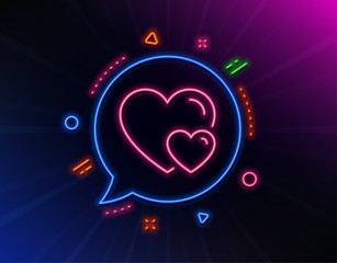 Couple Love line icon. Neon laser lights. Two Hearts sign. Valentines day symbol. Glow laser speech bubble. Neon lights chat bubble. Banner badge with hearts icon. Vector
