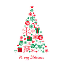 Merry Christmas greeting card with cute triangle christmas tree made from red green gifts, balls, stars and snowflakes isolated on white background. Vector EPS 10 illustration for Holiday designs