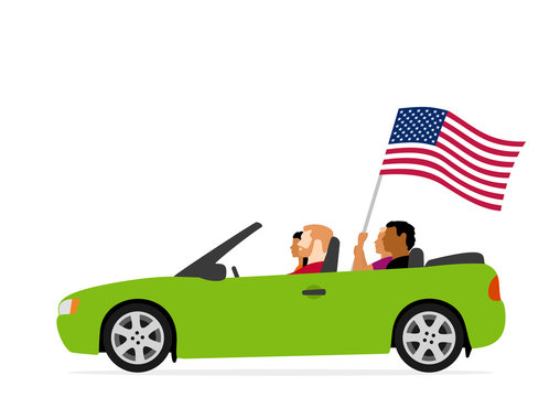 People in car with american flag