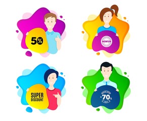 Super discount symbol. People shape offer badge. Sale sign. Advertising Discounts symbol. Dynamic shape offer. Worker person badge. Cut out people coupon. Super discount text. Vector
