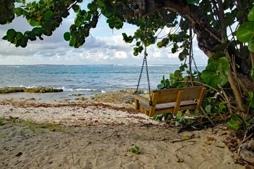 The wooden swing on Autre Bord beach in Le Moule in Guadeloupe, French west indies. Lesser Antilles, Caribbean sea © gadzius