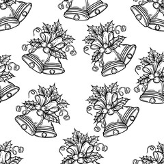 Vector hand drawn black and white seamless pattern of Christmas bells with viburnum decoration on white background.