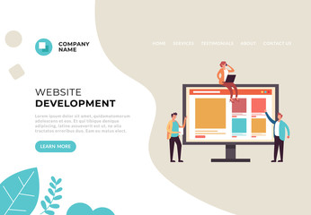 Website page development teamwork banner poster concept. Vector flat cartoon graphic design illustration