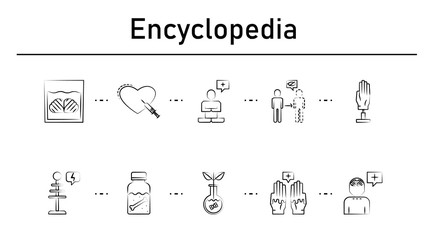 Encyclopedia simple concept icons set. Contains such icons as brainwashing, reanimation, transcendence, invisibility, electronic hand