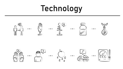 Technology simple concept icons set. Contains such icons as invisibility, electronic hand , tesla coil, dipple, transgenic