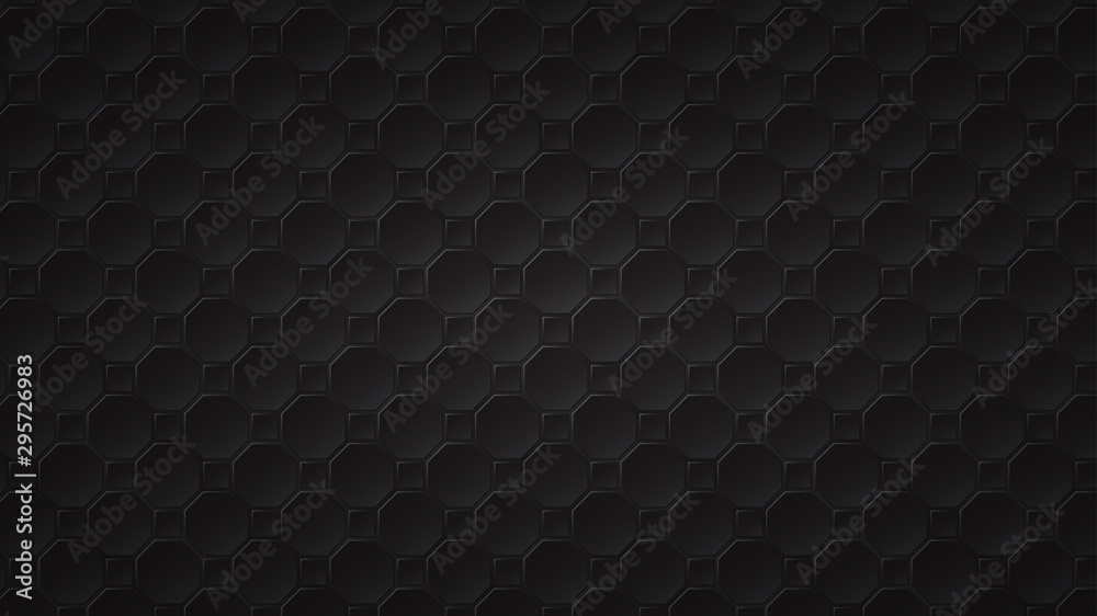 Wall mural abstract dark background of black octagon and square tiles with gray gaps between them