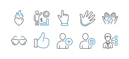 Set of People icons, such as Like, Click hand, Add user, Heart flame, Eyeglasses, Security, Medical tablet, Employees wealth, Hand, Third party line icons. Thumbs up, Direction finger. Vector