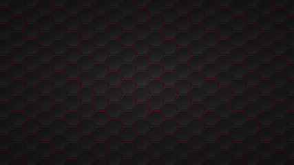 Abstract dark background of black hexagon tiles with red gaps between them