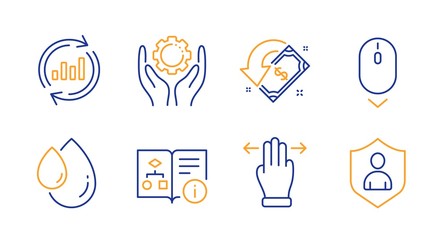 Cashback, Multitasking gesture and Technical algorithm line icons set. Update data, Employee hand and Oil drop signs. Scroll down, Security symbols. Receive money, Swipe. Business set. Vector