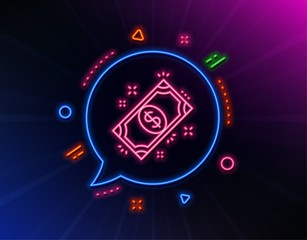 Payment line icon. Neon laser lights. Dollar exchange sign. Finance symbol. Glow laser speech bubble. Neon lights chat bubble. Banner badge with payment icon. Vector