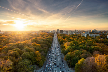 Aerial sunset view of the Berlin Tiergarten district in autumn