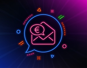 Euro via mail line icon. Neon laser lights. Send or receive money sign. Glow laser speech bubble. Neon lights chat bubble. Banner badge with euro money icon. Vector