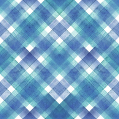 Watercolor diagonal stripe plaid seamless pattern. Blue and teal stripes on white background