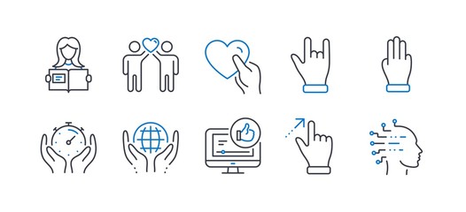 Set of People icons, such as Friends couple, Like video, Woman read, Organic tested, Touchscreen gesture, Horns hand, Three fingers, Timer, Hold heart, Artificial intelligence line icons. Vector