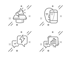 Megaphone, Lightning bolt and Face biometrics line icons set. Graph chart sign. Brand advertisement, Messenger, Facial recognition. Growth report. Business set. Line megaphone outline icon. Vector