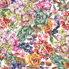 Watercolor vintage seamless pattern with hydrangeas, wildflowers, autumn leaves, blue berries, lavender