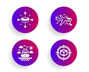 Ship travel, Search flight and Parcel delivery icons simple set. Halftone dots button. Parcel tracking sign. Cruise transport, Find travel, Logistics service. Box in target. Transportation set. Vector