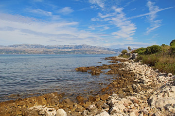 Beautiful landscape of sea Coast of Adriatic sea with Transparent Blue Water near Supetar, Croatia. Popular travel destinations.