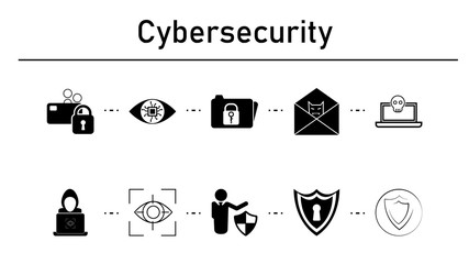Cybersecurity simple concept icons set. Contains such icons as locked bank card, chip eye lens rounded, file lock, mail with bug spy on white background