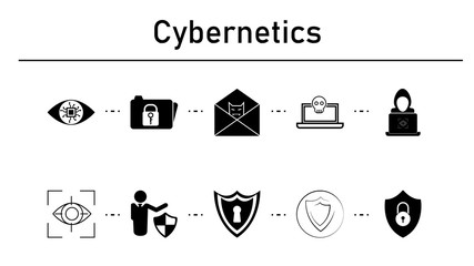 Cybernetics simple concept icons set. Contains such icons as chip eye lens rounded, file lock, mail with bug spy, hacker on white background