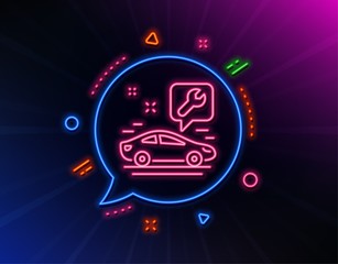 Fototapeta premium Spanner tool line icon. Neon laser lights. Car repair service sign. Fix instruments symbol. Glow laser speech bubble. Neon lights chat bubble. Banner badge with car service icon. Vector